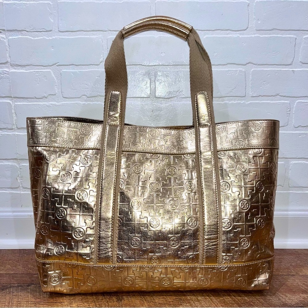 Tory Burch Large Gold Embossed Signature Weekender Tote Bag
